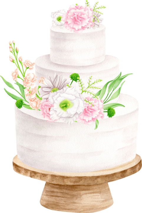 Watercolor white wedding cake decorated with flowers